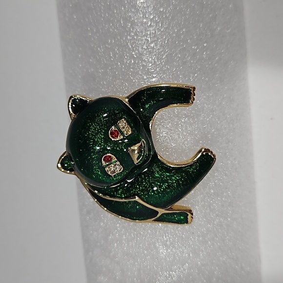 Enamel Panda Bear with Green Body & Clear & Red Rhinestone Eyes Brooch - Picture 4 of 6